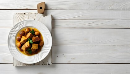 Wall Mural - Empty plate on white wooden table viewed from above, perfect for adding your own text or design