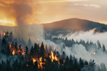 Forest wildfire spreading across hillside with intense flames and smoke