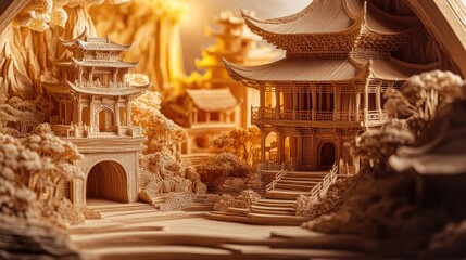 A meticulously crafted wooden model of a traditional Chinese village, with intricate details and a warm, golden glow.