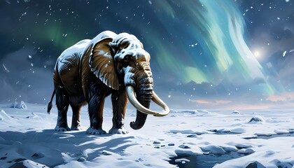 Wall Mural - Majestic mammoth traversing a snowy landscape beneath the shimmering northern lights