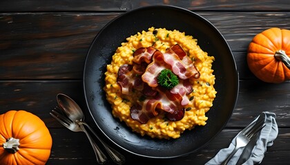 Savory pumpkin and bacon risotto displayed on dark wood from an overhead perspective