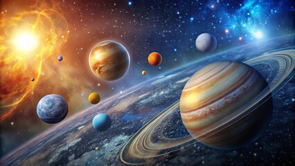 Wall Mural - solar system is vast and mesmerizing expanse, showcasing planets like Jupiter and Saturn, surrounded by stars and cosmic phenomena