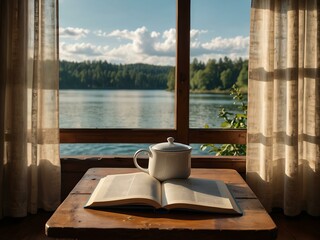 Poster - Wooden table with a teapot, cup, and an open book beside light curtains with a lake view.