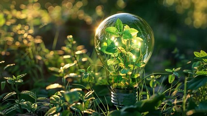Leinwandbilder - A glass bulb filled with small plants sits on the ground surrounded by green grass, illuminated by soft sunlight. The scene represents a blend of nature and innovation, promoting sustainability.