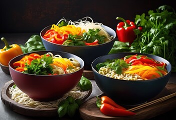 Wall Mural - colorful bowls steaming noodles garnished fresh vegetables aromatic herbs creating mouthwatering culinary experience, ingredient, food, meal, dish, asian