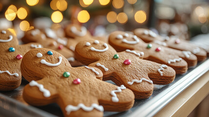 Wall Mural - Gingerbread cookies on a tray with festive lights in the background