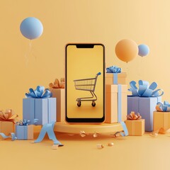 Wall Mural - A smartphone with a shopping cart icon on the screen is surrounded by gift boxes and balloons, symbolizing online shopping and festive promotions.