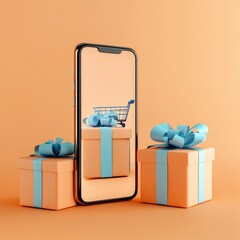 Wall Mural - Smartphone with a shopping cart reflected on the screen and two gift boxes with blue ribbons on an orange background.