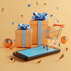 Poster - A smartphone with a gift box in a shopping cart on a light orange background with gold and blue confetti and gold ornaments.