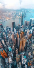 Stunning aerial view of Hong Kong s iconic skyline with towering skyscrapers and modern architecture reflecting the city s financial and economic