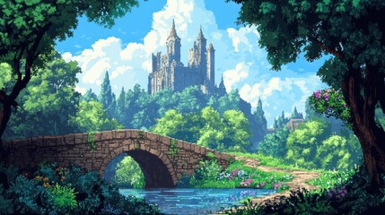 Canvas Print - Stone Bridge Leading to a Majestic Castle Amidst Lush Green Foliage