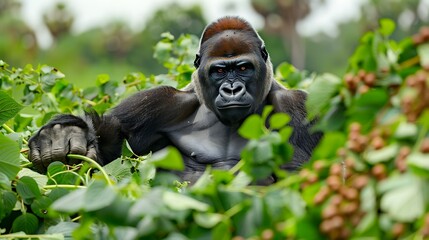 A gorilla sitting among thick jungle vegetation, its powerful arms resting on its knees