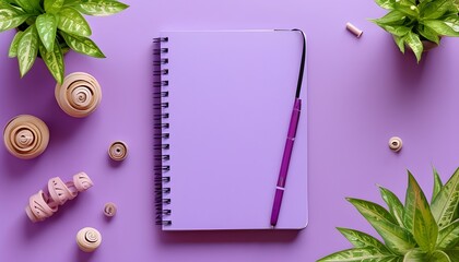 Top view of a purple spiral notebook on a vibrant magenta background