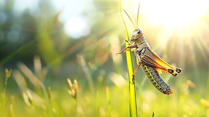 Wall Mural - A grasshopper leaping from a tall blade of grass in a sunlit meadow