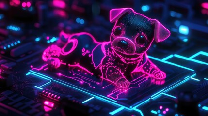 Neon glowing puppy on a circuit board.