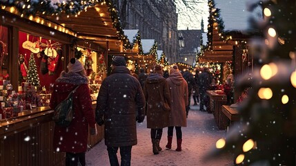 Wall Mural - Couples shopping for Christmas gifts at a festive market, with wooden stalls decorated in red and white, snow falling gently.