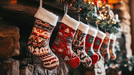 Wall Mural - Cozy Christmas stockings with playful designs, hanging on a rustic wooden mantle.