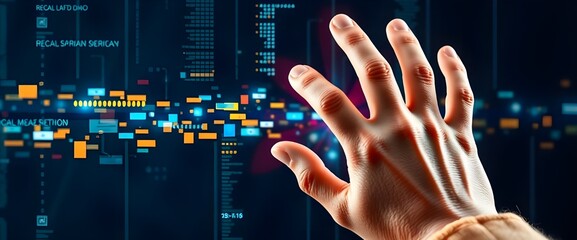 Poster - A transparent touch screen displaying abstract digital data.