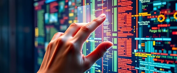 Poster - Smooth human finger interacting with a transparent touch screen displaying abstract digital data.