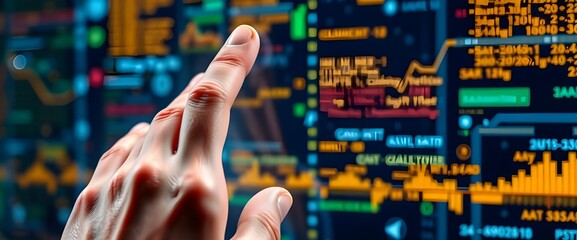 Poster - Shot of a smooth human finger interacting with a transparent touch screen displaying abstract digital data. 
