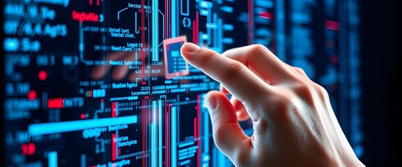 Poster - Shot of a smooth human finger interacting with a transparent touch screen displaying abstract digital data. 