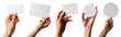 © Sandra Chia - Collection set of male female hand holding blank rectangle and round circle card note paper in different angle on transparent background cutout PNG file. Mockup template for artwork design