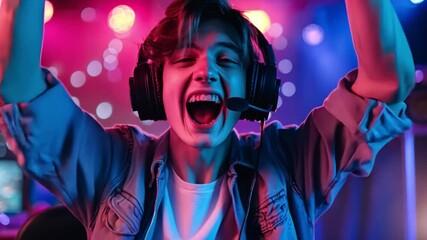 Poster - A young gamer, wearing a headset, expresses joy with raised fists after achieving victory in a competitive gaming session, surrounded by colorful lighting.