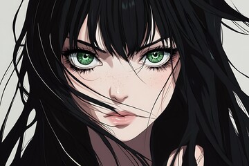 Poster - Anime girl with green eyes and black hair portrait