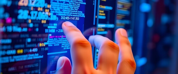 Poster - A close-up shot of a human finger interacting with a transparent touch screen displaying abstract digital data. 