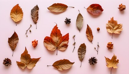 Wall Mural - Whimsical Autumn Elegance with Dried Leaves on Soft Pink Canvas