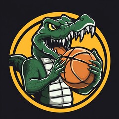 Wall Mural - Green alligator mascot holding a basketball in circle. Sports team logo or icon graphic design element.