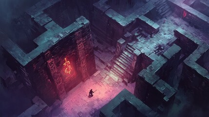 Canvas Print - A lone adventurer standing in a dark and mysterious stone labyrinth with a glowing door ahead