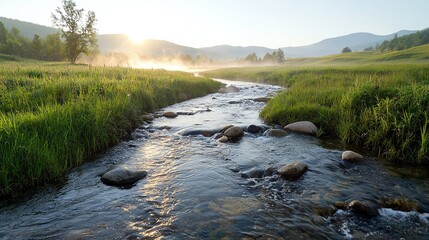 Soft flow of a meadow stream under early morning fog, rhythmic nature motion, calming river view