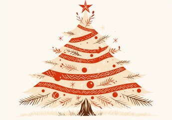 Sticker - Simple Line Art Christmas Tree: Red Outline on Transparent Background, Clipart Style.