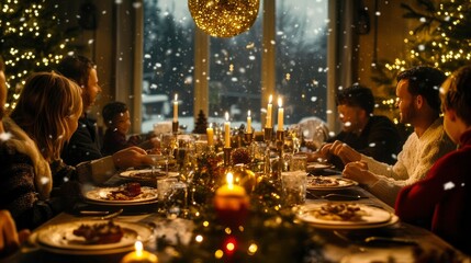 Wall Mural - Family enjoying Christmas dinner at a long table with silver candlesticks, golden ornaments, and snow-covered window views.