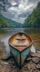 Poster - Rusty Boat on a Calm River in the Forest