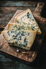 Blue Cheese Slices on Rustic Wooden Cutting Board