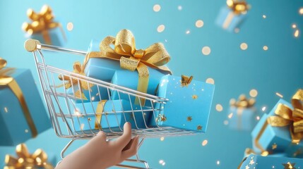 Wall Mural - Hand holding a shopping cart full of blue gift boxes with gold ribbons against a light blue background.