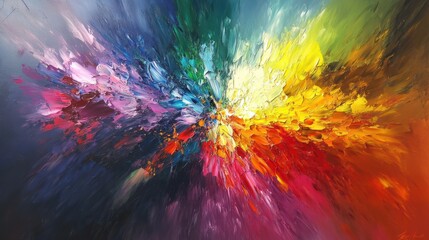 Poster - Vibrant and dynamic, this abstract painting boasts a rough texture and an explosion of multicolored rainbow hues.