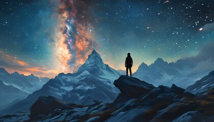 Wall Mural - Lone figure on rocky peak gazing at mesmerizing starry night sky and the Milky Way