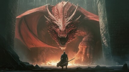 Poster - A lone warrior stands before a fire-breathing dragon in a cave.