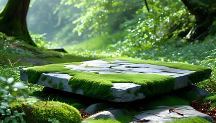 Wall Mural - Tranquil moss-covered stone platform nestled in a lush green forest, embodying nature’s serenity and resilience