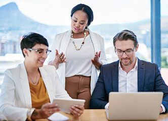 Poster - Group, discussion and tablet for review, office and meeting with mature man, brainstorming and together. Corporate, laptop and feedback of media coordinator, people and ideas for project and smile