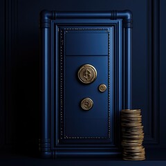 A blue safe with gold coins in front of it.