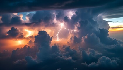 Dramatic thunderstorm cloud illuminated by lightning from an airplane perspective