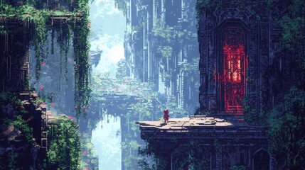 Poster - A Solitary Figure Standing on a Cliff Overlooking a Pixelated Cityscape with a Glowing Red Doorway