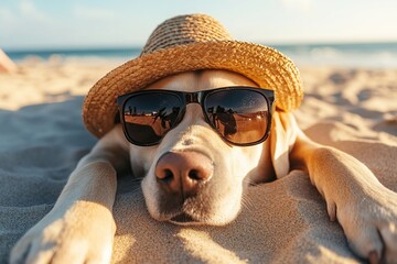 Poster - Beautiful labrador dog lying on beach sand with sunglasses and hat