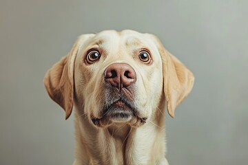 Labrador dog with shocked eyes on grey background