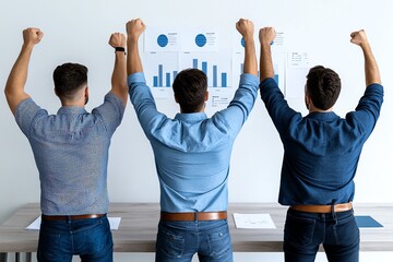 Poster - Team of entrepreneurs celebrating a milestone, with data and graphs showing the success of their business development efforts