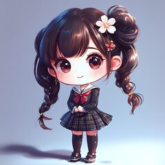 Sticker - Cute Anime Schoolgirl with Braids and Flower in Hair